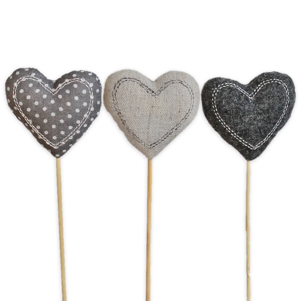 Srdce zápich textil 5,5 28cm šedý mix